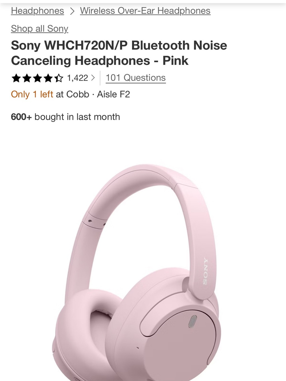 Sony WH-CH720N Wireless Noise Cancelling Headphones - Pink